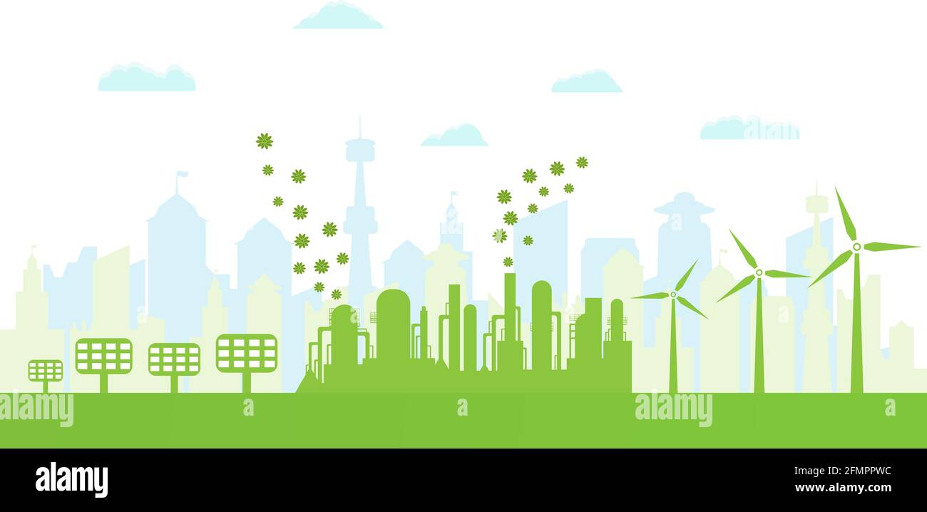 Silhouette of ecological city. Environmentally friendly production. Green energy with wind energy and solar panels. Concept environment conservation. Stock Vector