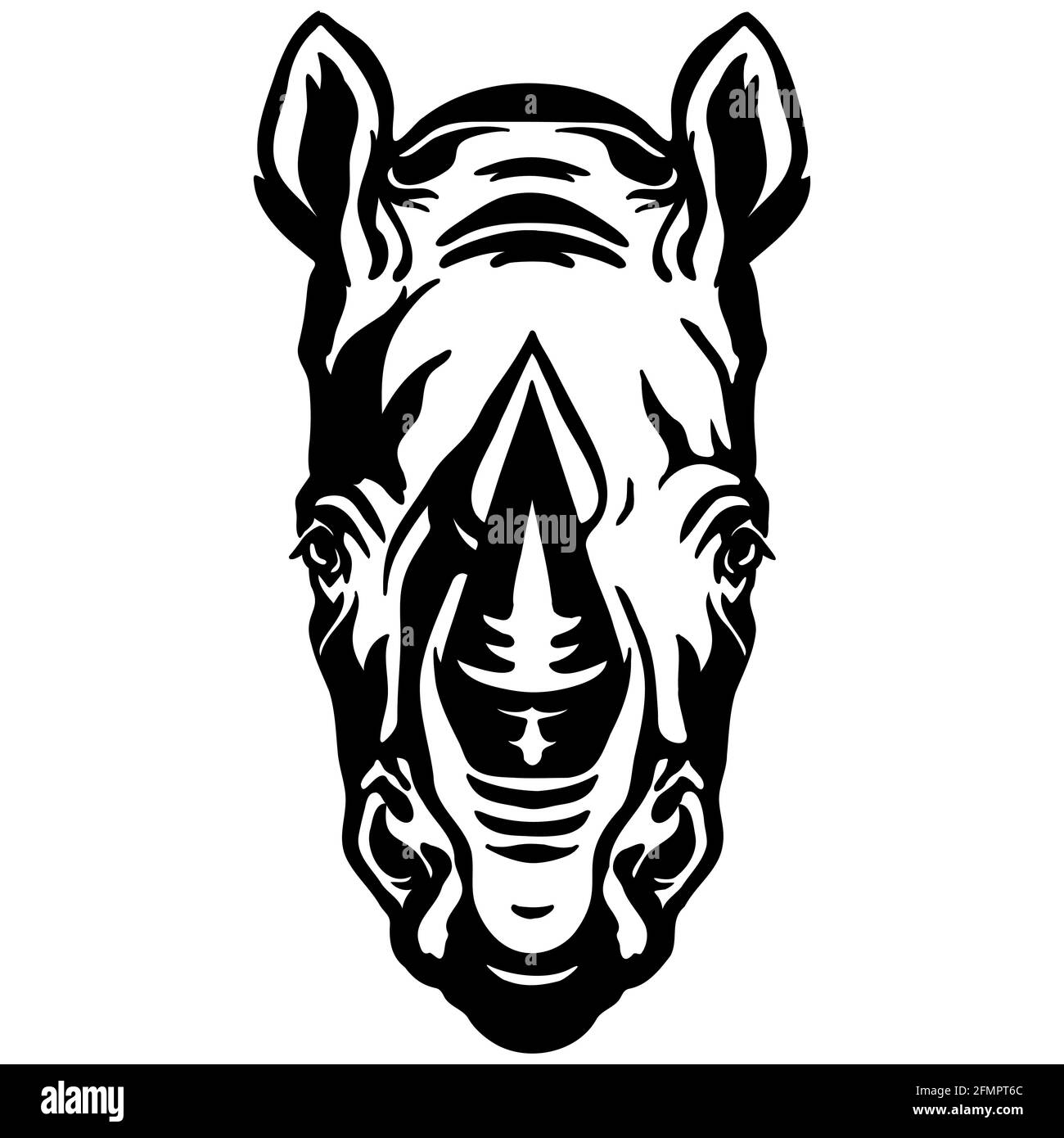 Mascot. Head of rhino. Vector illustration black color front view of wild animal isolated on white background. For decoration, print, design, logo, sp Stock Vector