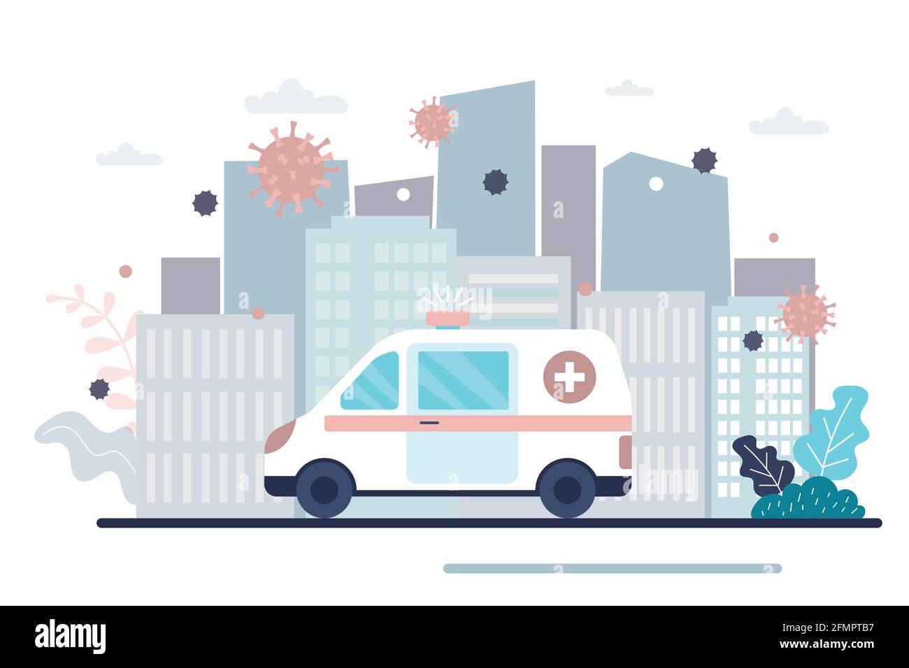 Ambulance van on city road. Doctors stop spread of virus and disease. Health care concept. Global epidemic or pandemic, urban view on background. Flat Stock Vector