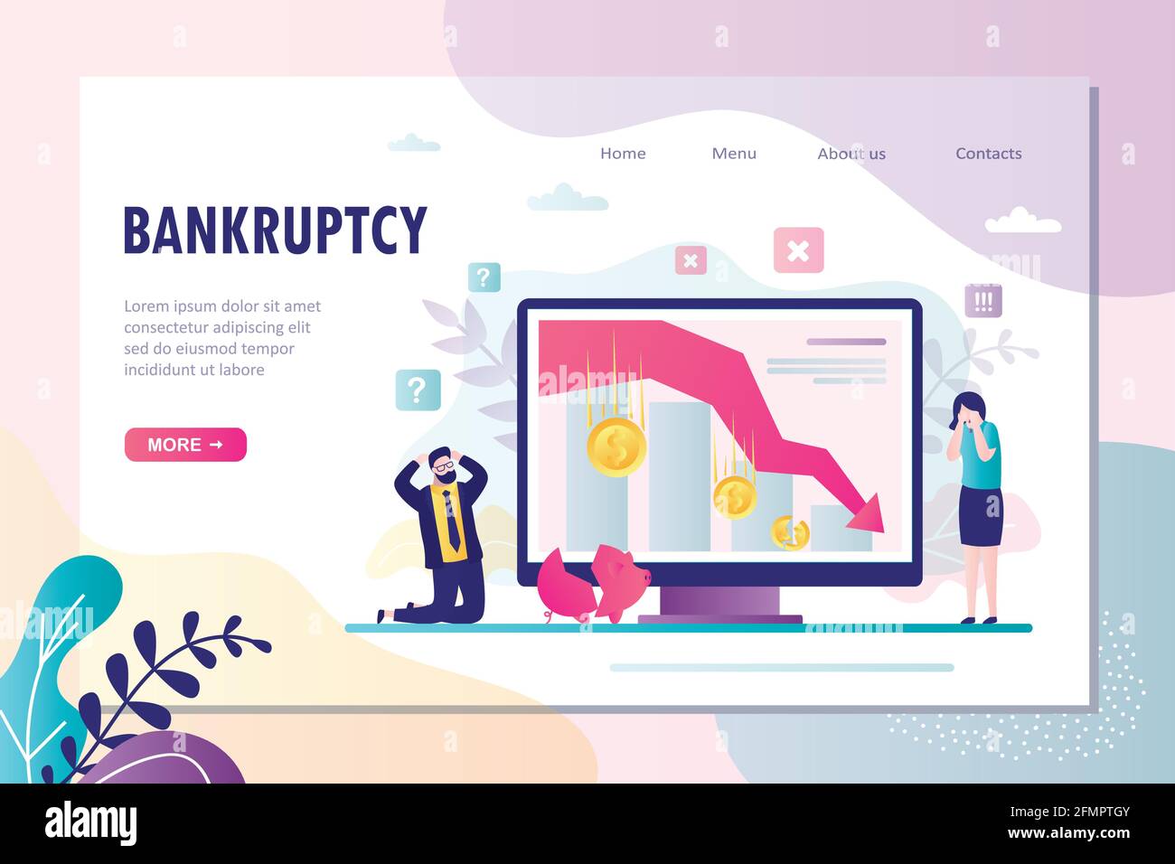 Bankruptcy landing page template. Frustrated businessman investor kneeling. Economic problems, global crisis and devaluation. Unhappy businesspeople. Stock Vector