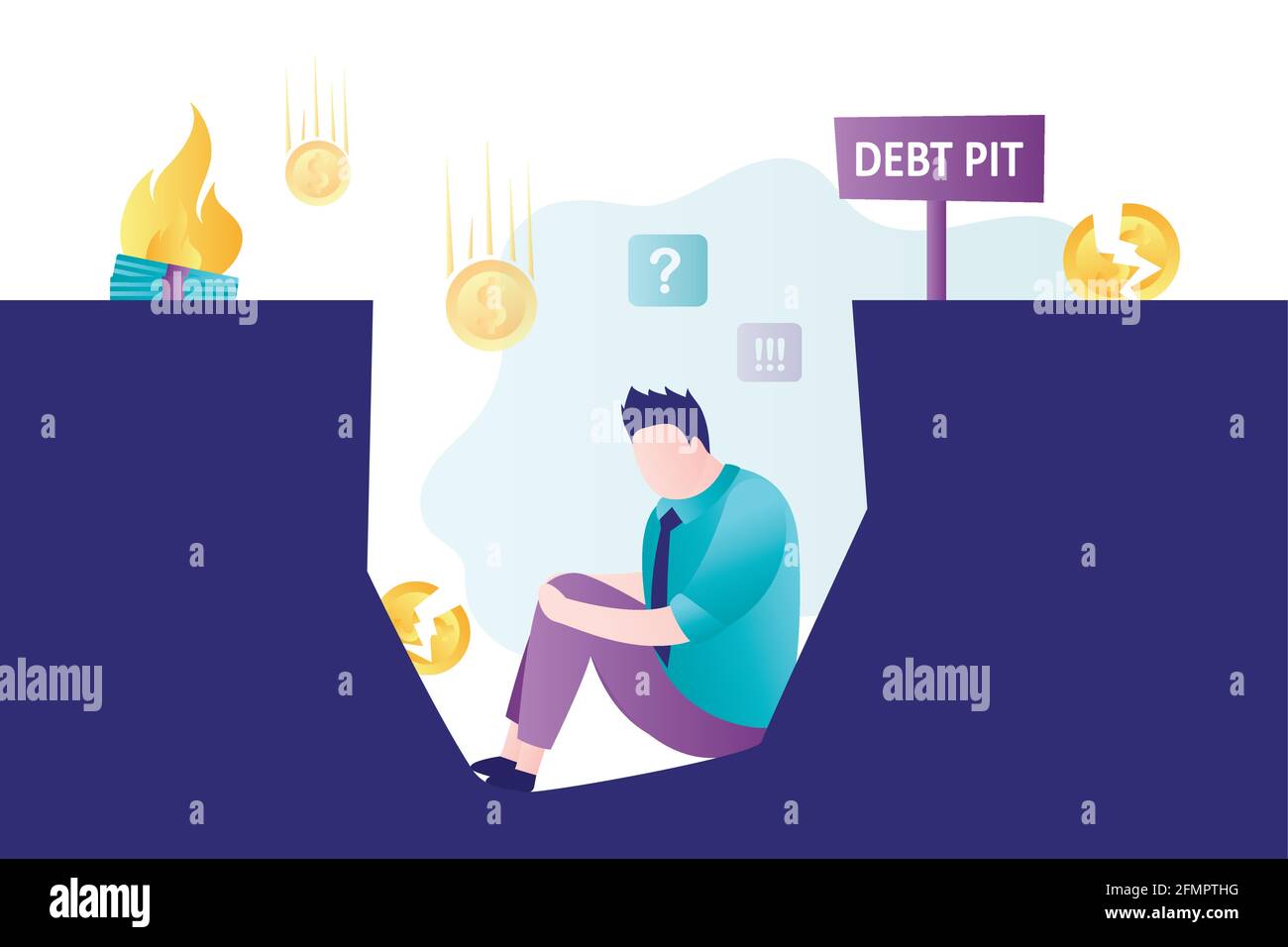 Unhappy man debtor sits in debt pit. Businessman bankrupt. Financial crisis, inflation and devaluation of money. Bankruptcy concept. Male character in Stock Vector