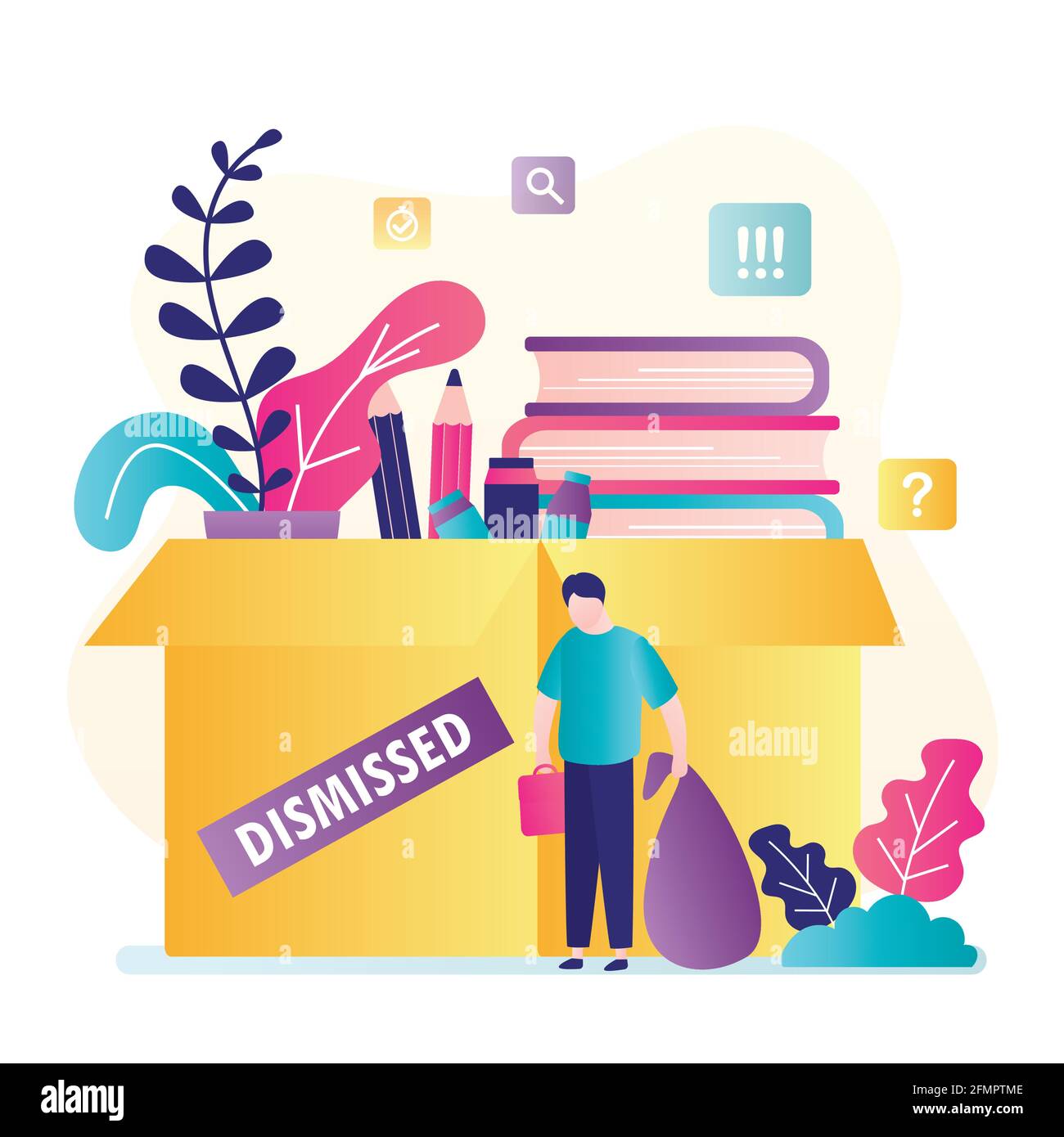 Dismissed man worker. Big box with things and upset unemployed. Jobless, unhappy male character. Global financial crisis concept. Staff reduction, lay Stock Vector