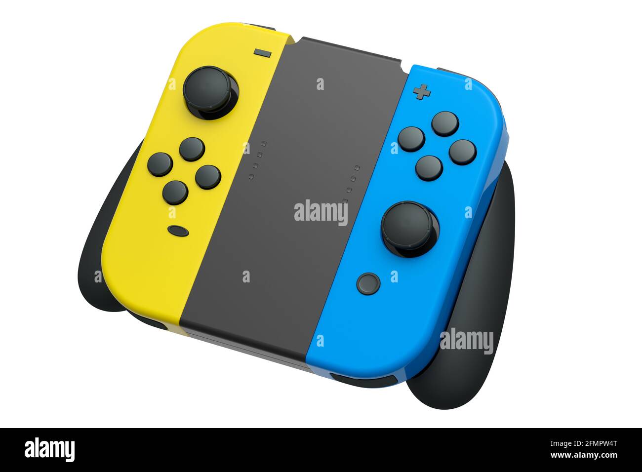 Portable video game controllers attached to touch screen on white