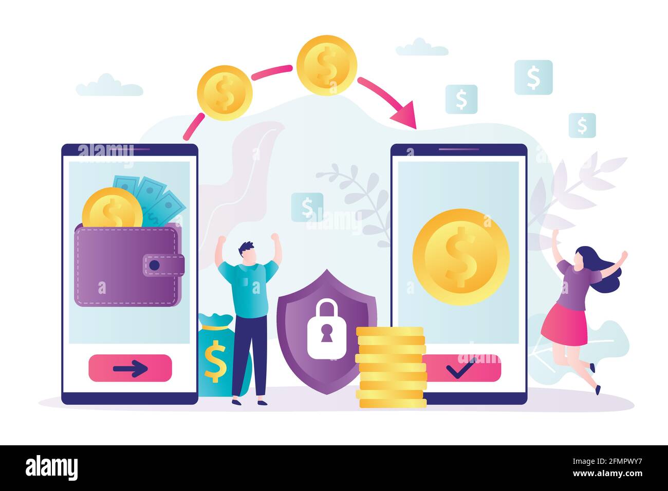 Online money transfer, electronic wallets on smartphone screens ...