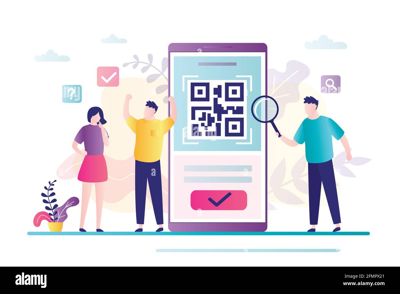 People scanning qr code for payment via smartphone. Group of businesspeople scan code using mobile phone. Smart technology for internet and mobile pay Stock Vector
