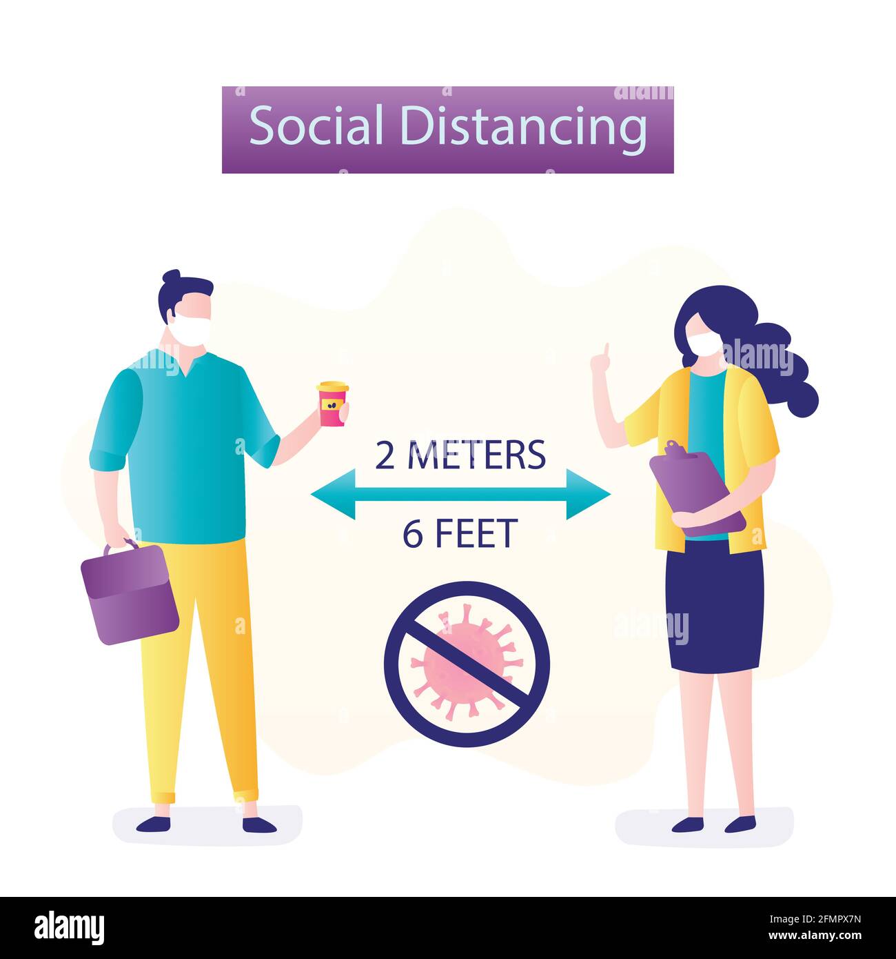 Social Distancing, two businesspeople keeping distance for infection risk and disease. 2 meters or 6 feet distance between humans, people talking. Cov Stock Vector