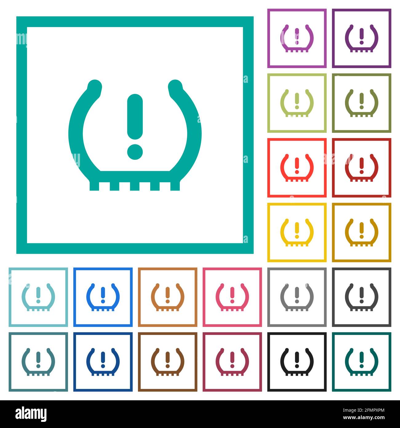 Car tire pressure warning indicator flat color icons with quadrant