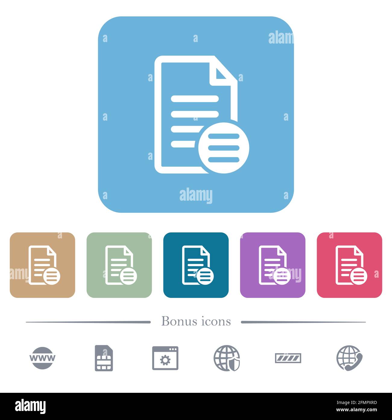 Document options white flat icons on color rounded square backgrounds. 6 bonus icons included Stock Vector