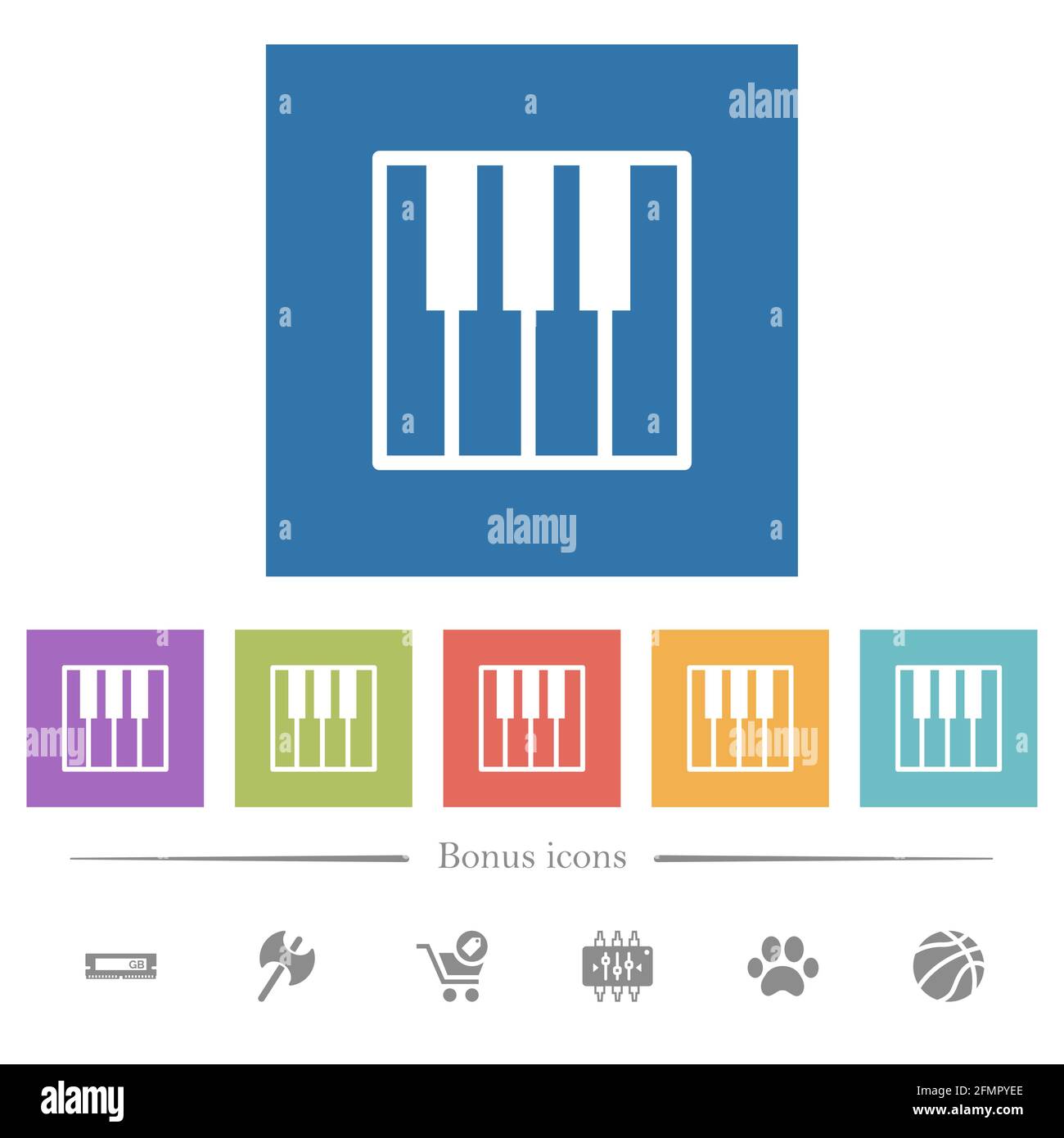 Piano keyboard flat white icons in square backgrounds. 6 bonus icons ...