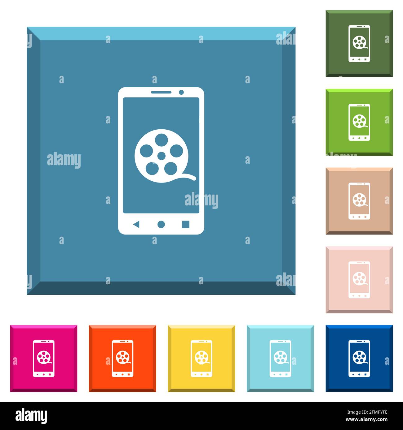 Mobile movie white icons on edged square buttons in various trendy ...