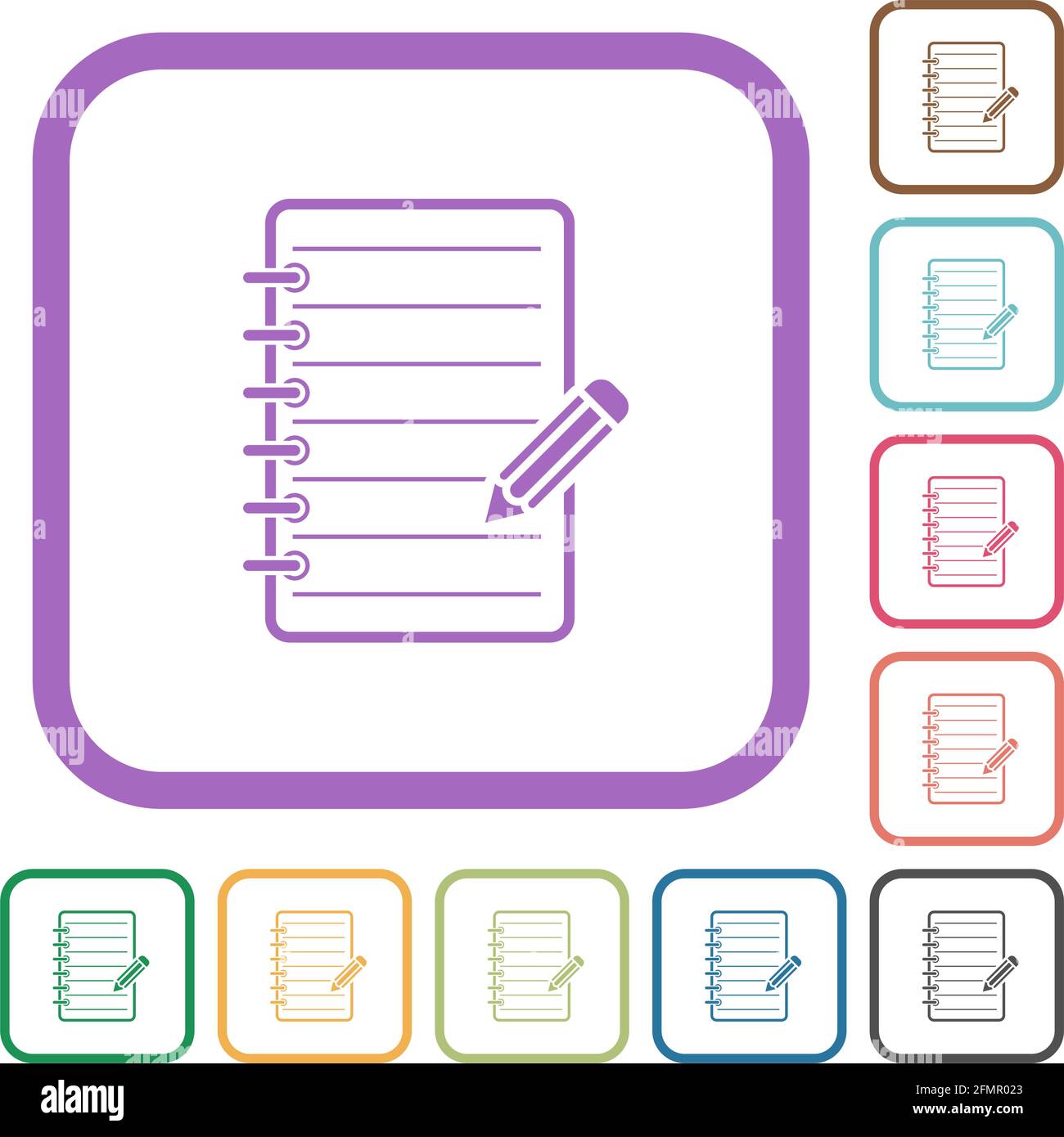 Spiral notepad with pencil simple icons in color rounded square frames ...