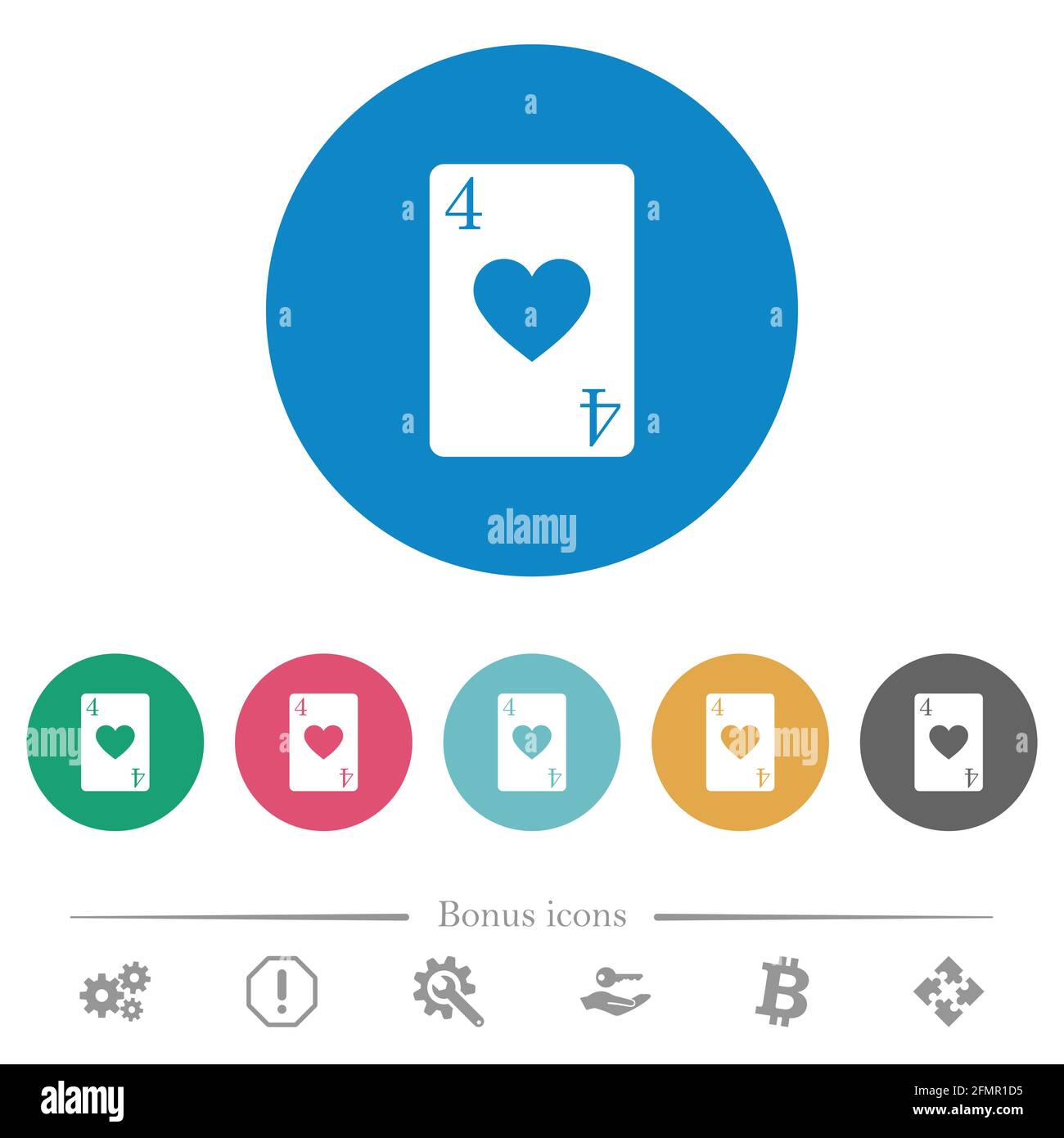 Four of hearts card flat white icons on round color backgrounds. 6 ...
