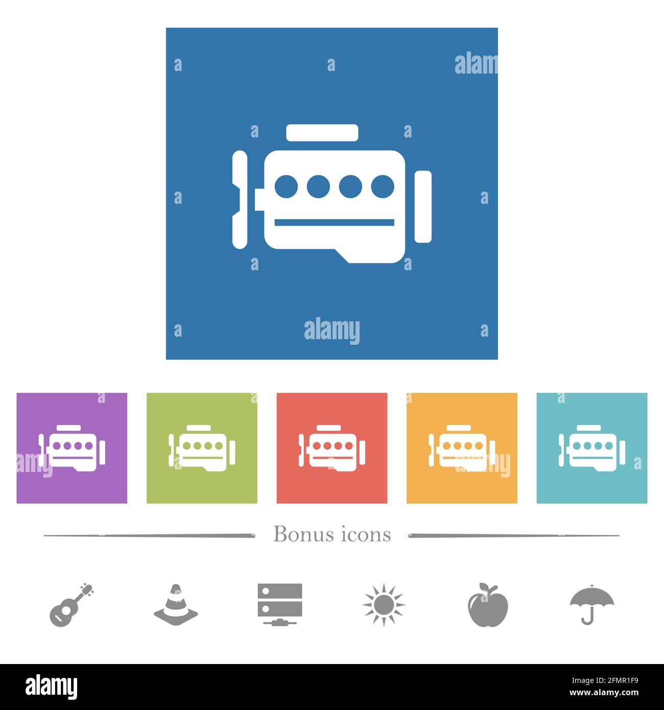 Engine symbol flat white icons in square backgrounds. 6 bonus icons ...