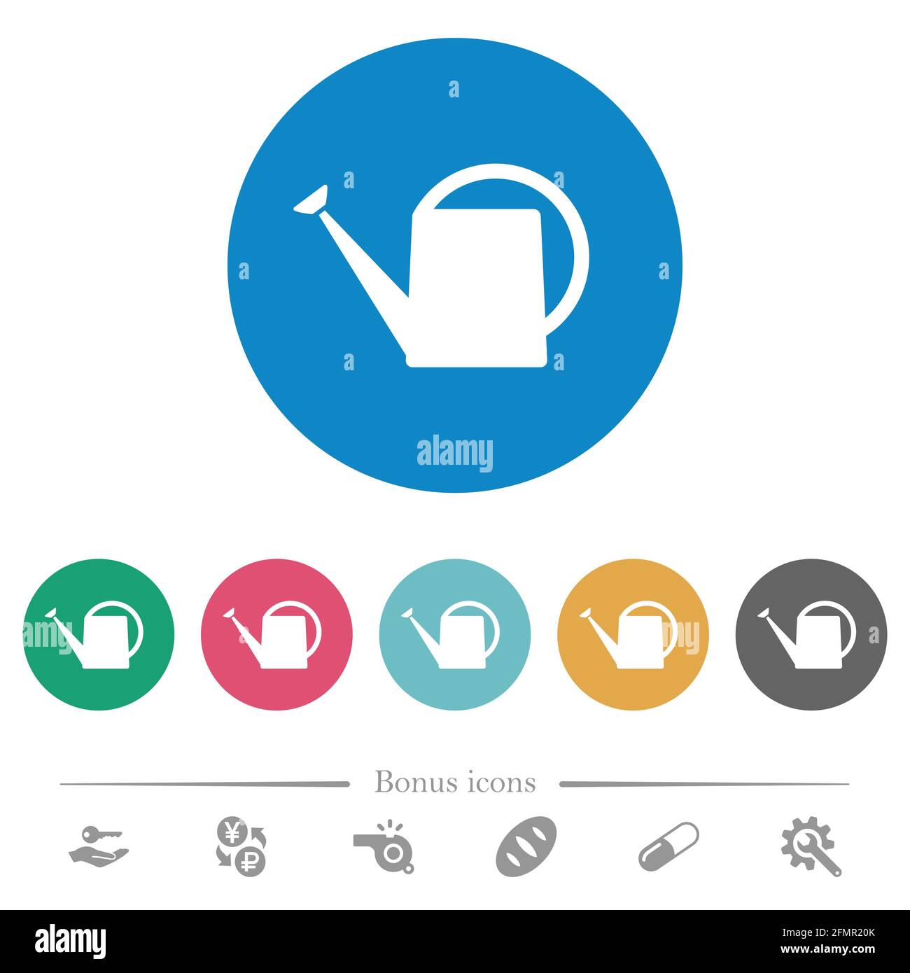 Watering can flat white icons on round color backgrounds. 6 bonus icons included. Stock Vector