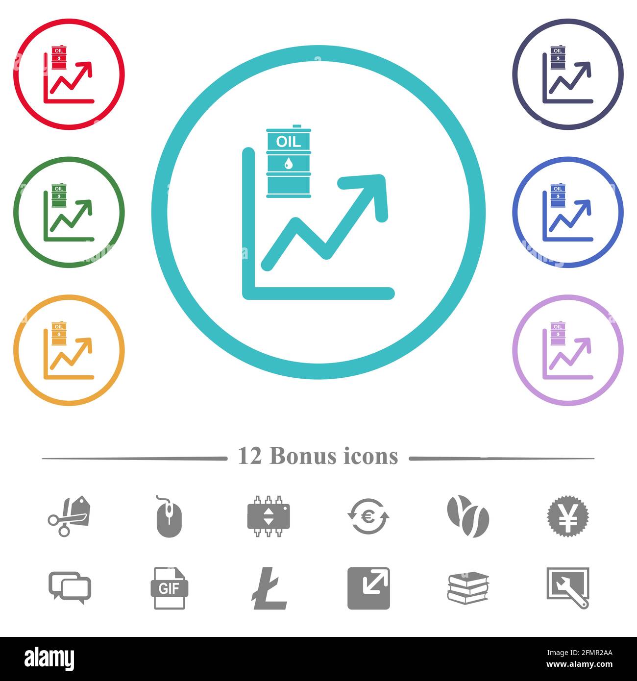 Oil trade graph flat color icons in circle shape outlines. 12 bonus ...