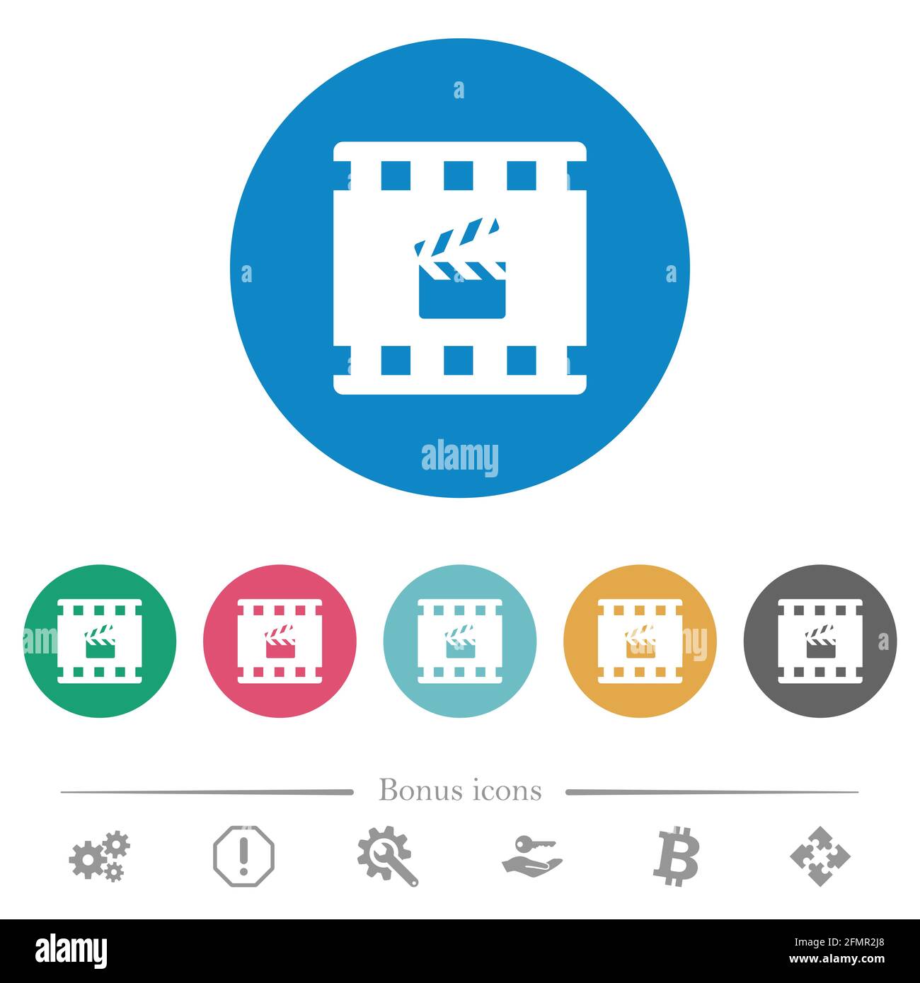 Movie production flat white icons on round color backgrounds. 6 bonus ...