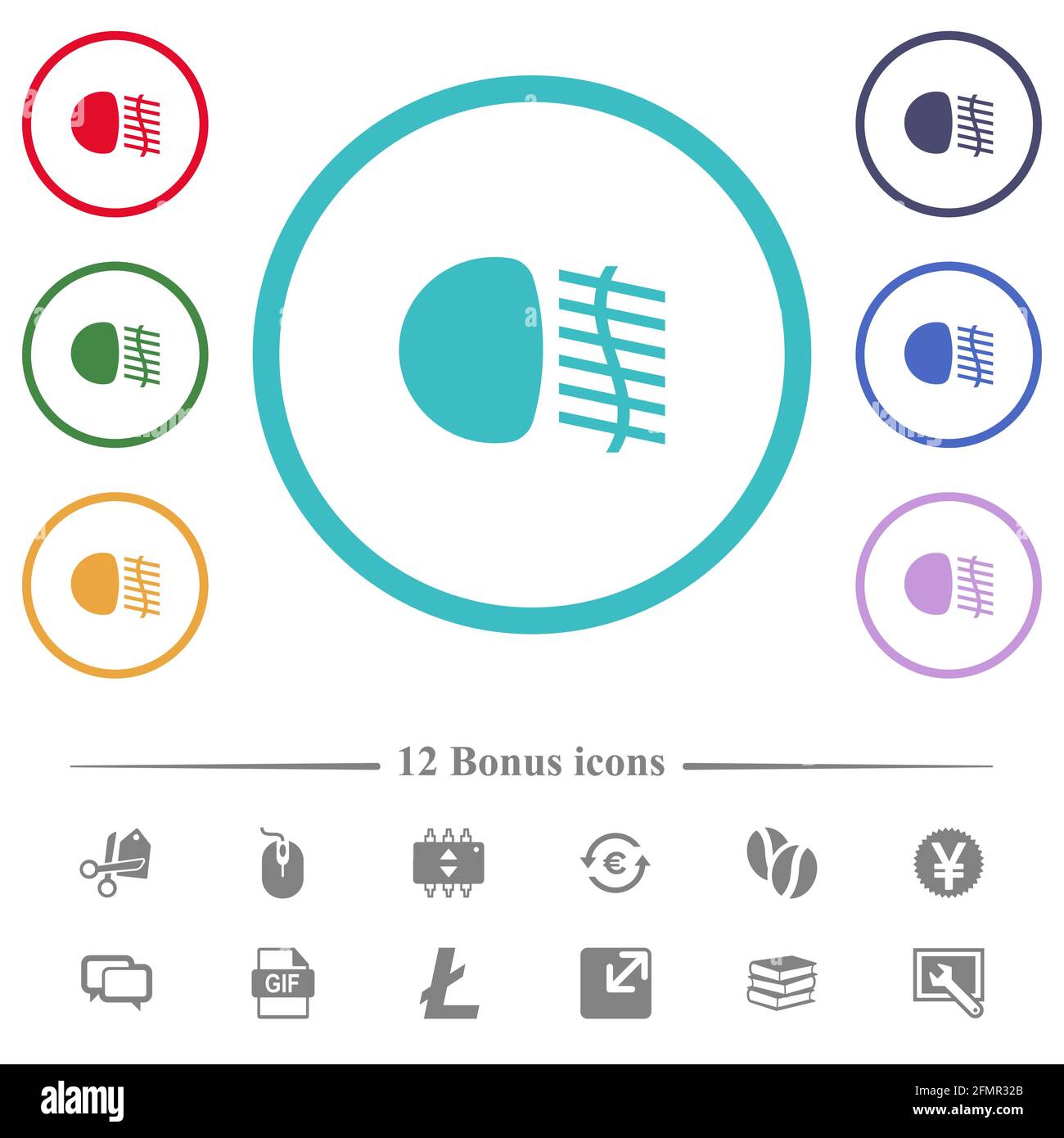 Fog lights flat color icons in circle shape outlines. 12 bonus icons included. Stock Vector