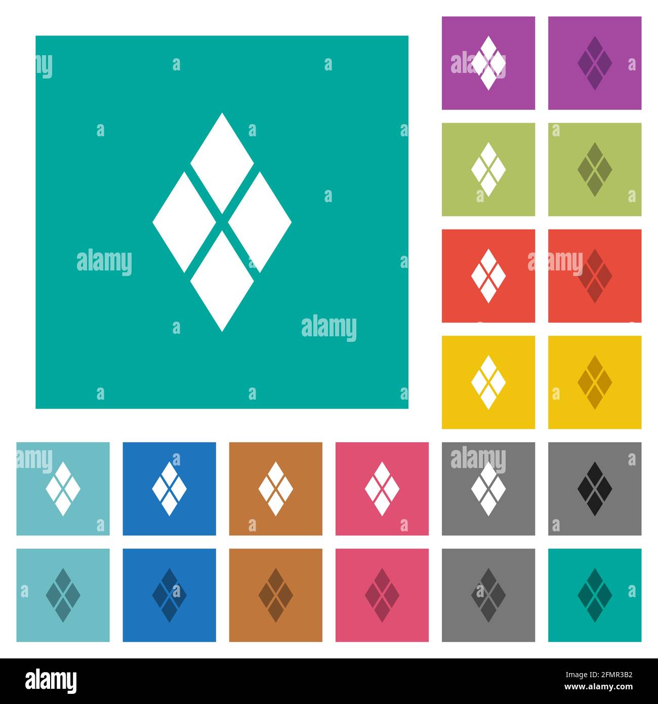 Diamond tile pattern multi colored flat icons on plain square backgrounds. Included white and darker icon variations for hover or active effects. Stock Vector