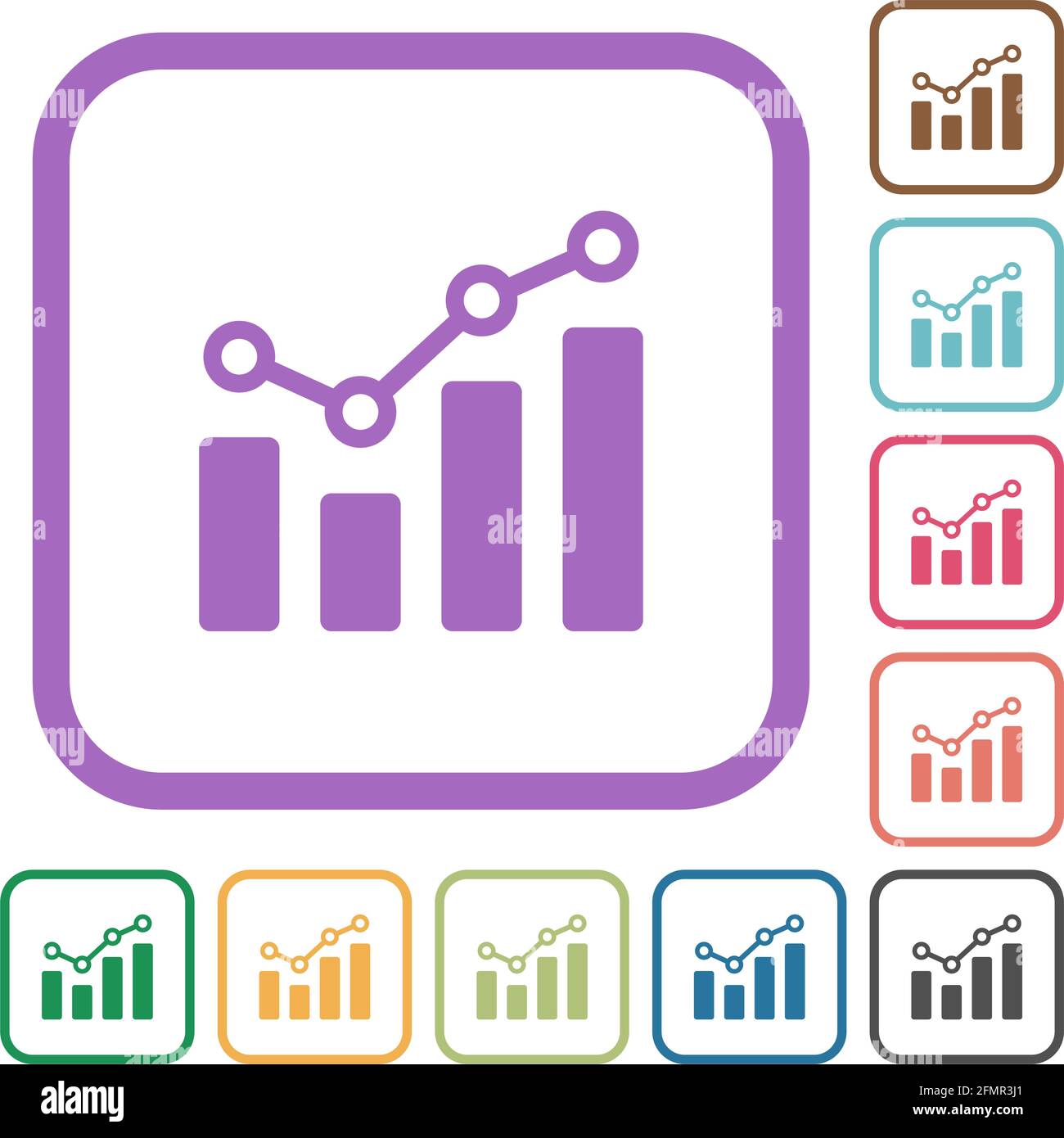Bar graph with circles and lines simple icons in color rounded square ...