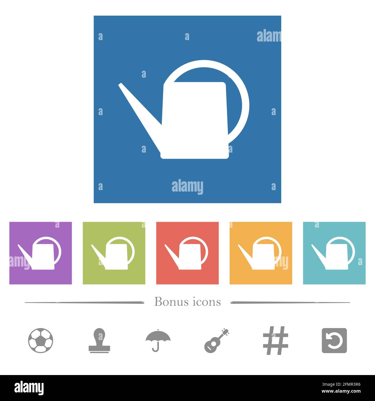 Watering can flat white icons in square backgrounds. 6 bonus icons included. Stock Vector
