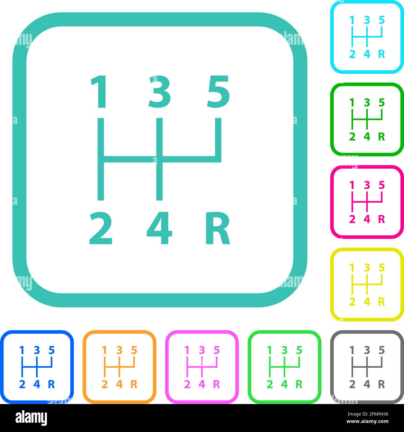 five speed manual gear shift vivid colored flat icons in curved borders