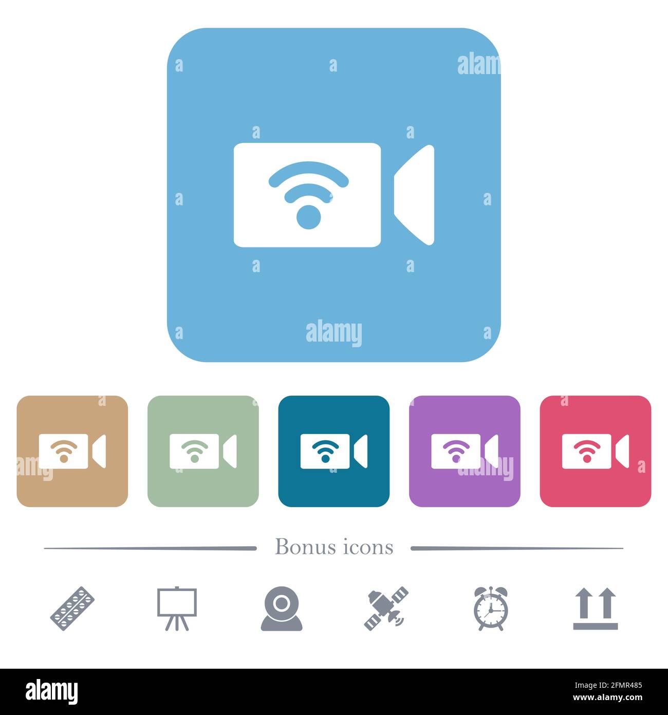 Wireless camera white flat icons on color rounded square backgrounds. 6 ...