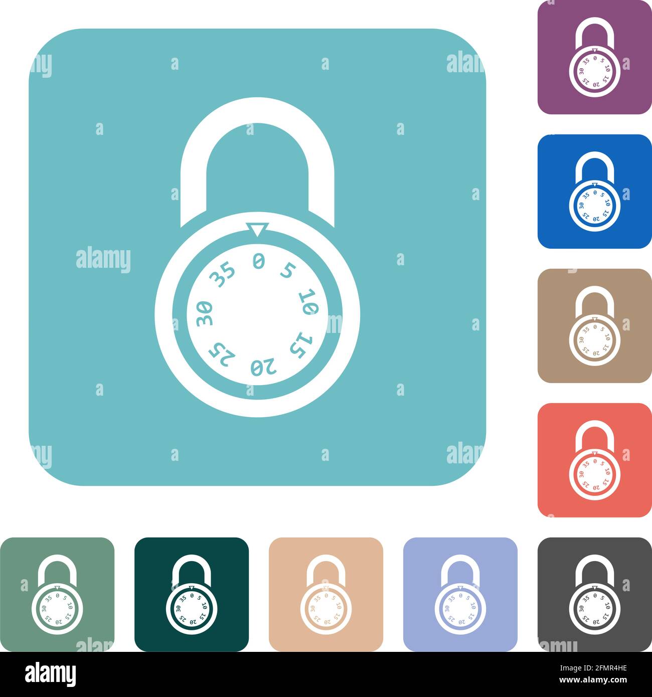 Locked round combination lock white flat icons on color rounded square ...