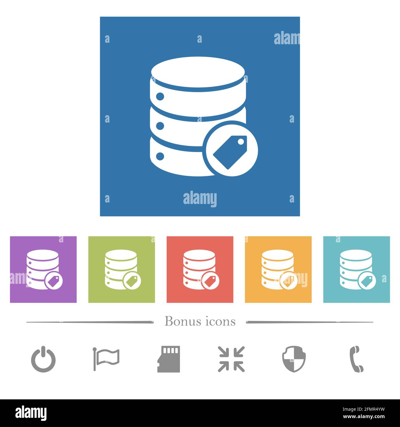 Database tag flat white icons in square backgrounds. 6 bonus icons ...