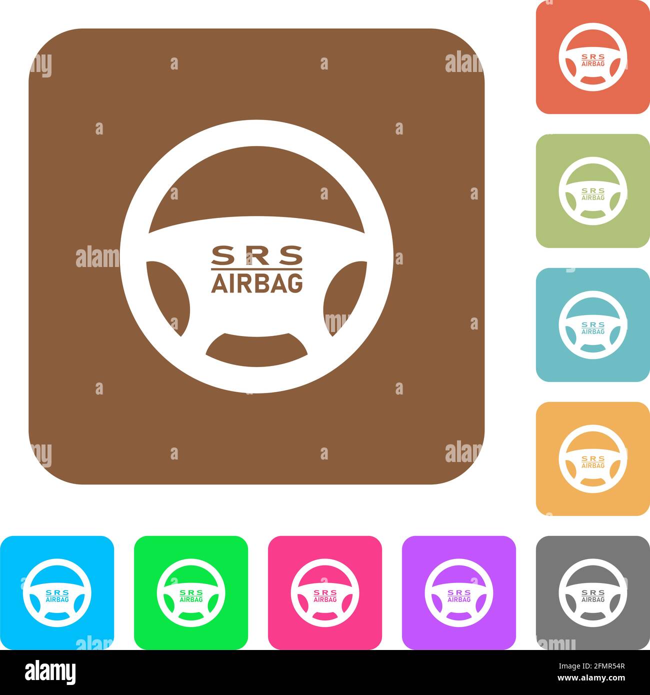 Steering wheel airbag flat icons on rounded square vivid color backgrounds. Stock Vector