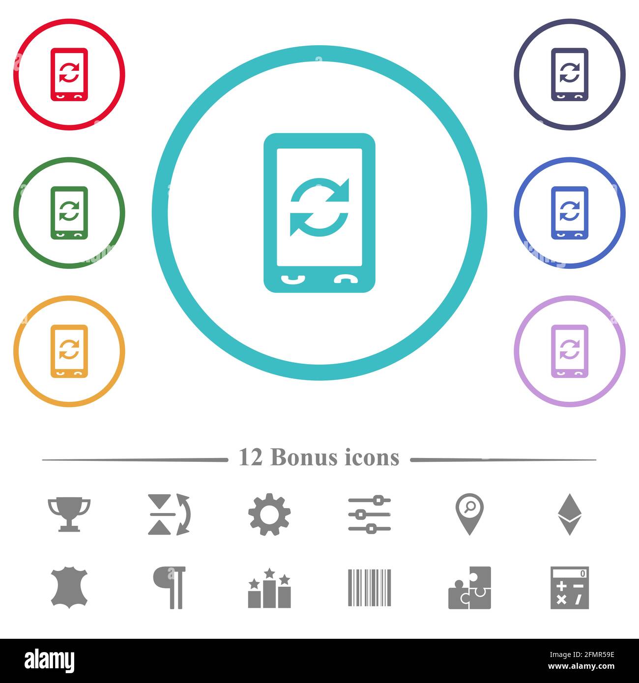 Mobile syncronize flat color icons in circle shape outlines. 12 bonus ...