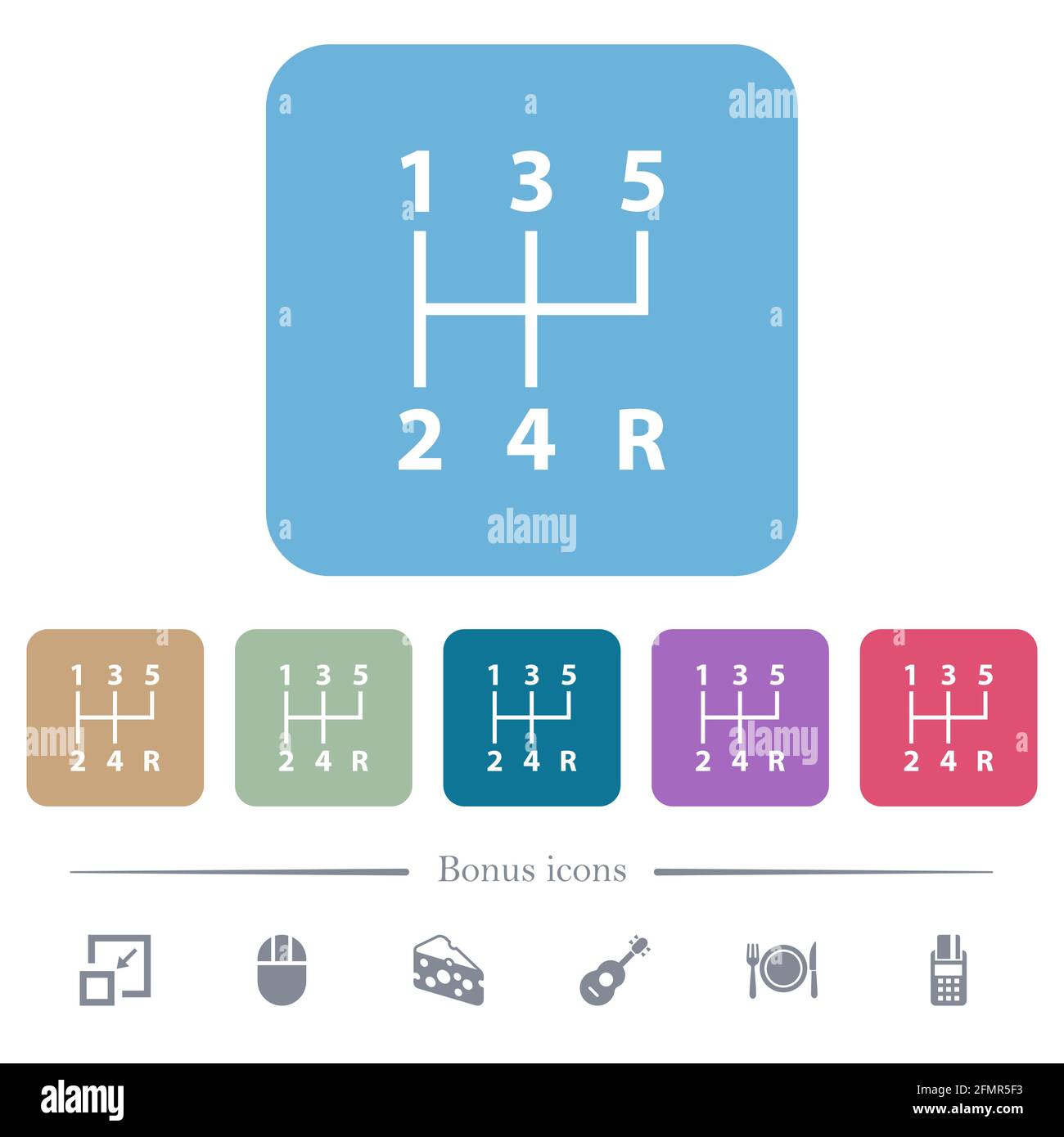five speed manual gear shift white flat icons on color rounded square