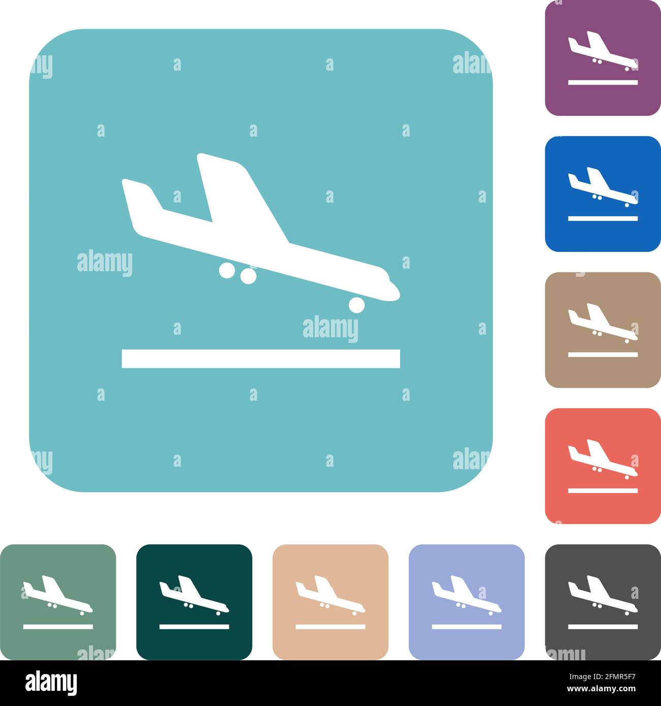 Airplane landing white flat icons on color rounded square backgrounds ...
