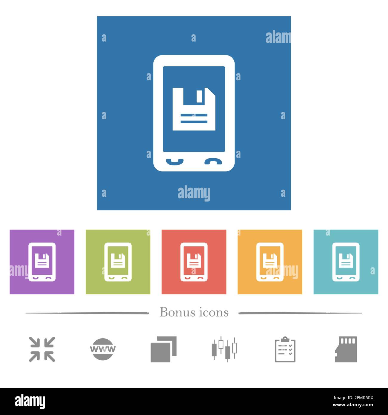 Mobile save data flat white icons in square backgrounds. 6 bonus icons ...