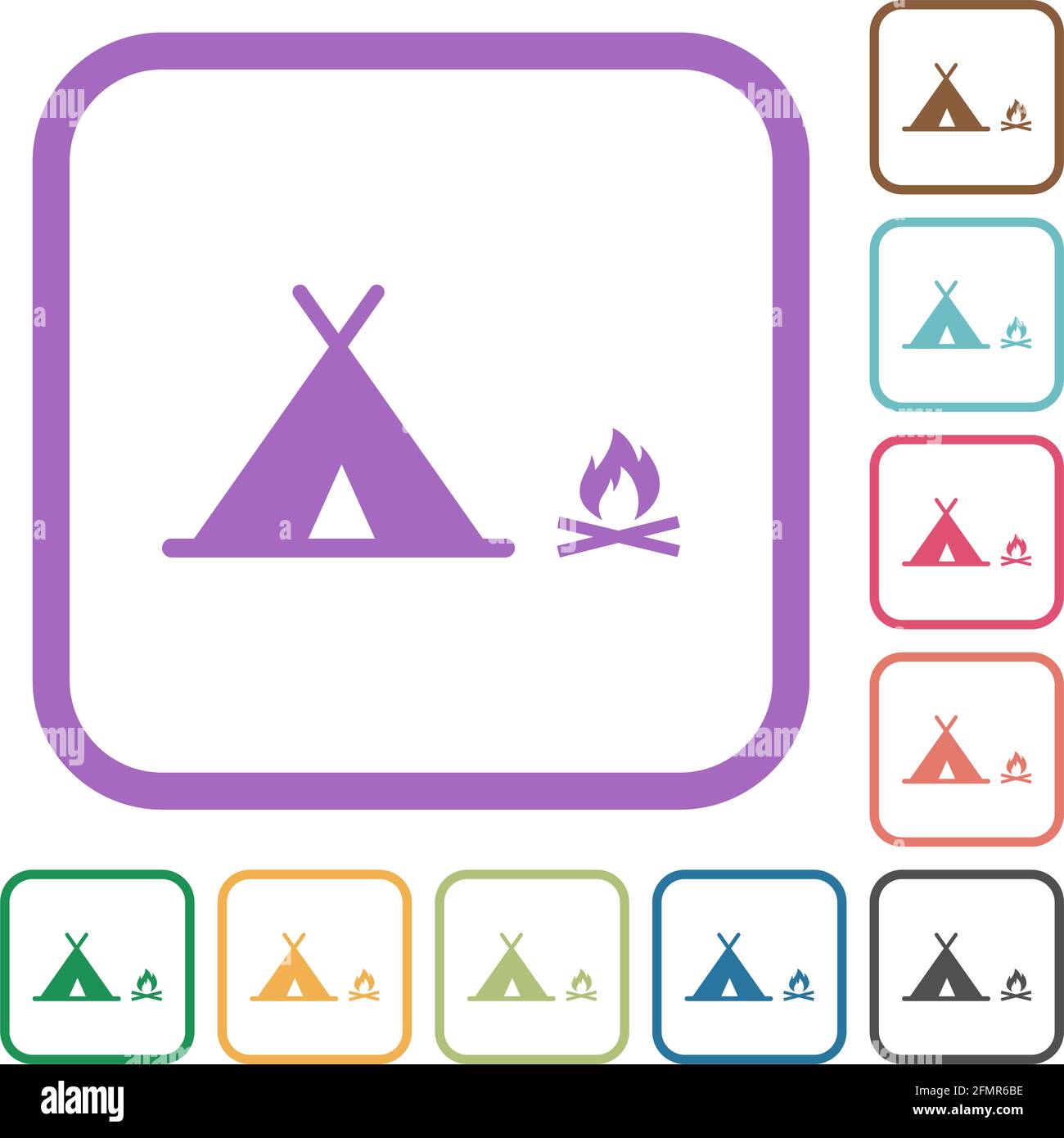 Camping simple icons in color rounded square frames on white background Stock Vector