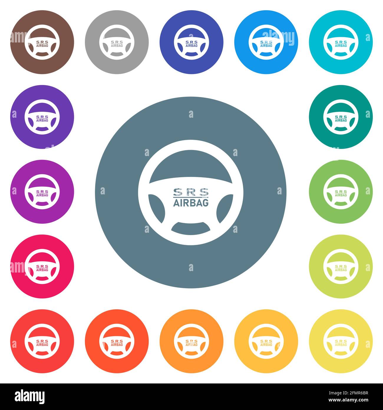 Steering wheel airbag flat white icons on round color backgrounds. 17 background color variations are included. Stock Vector