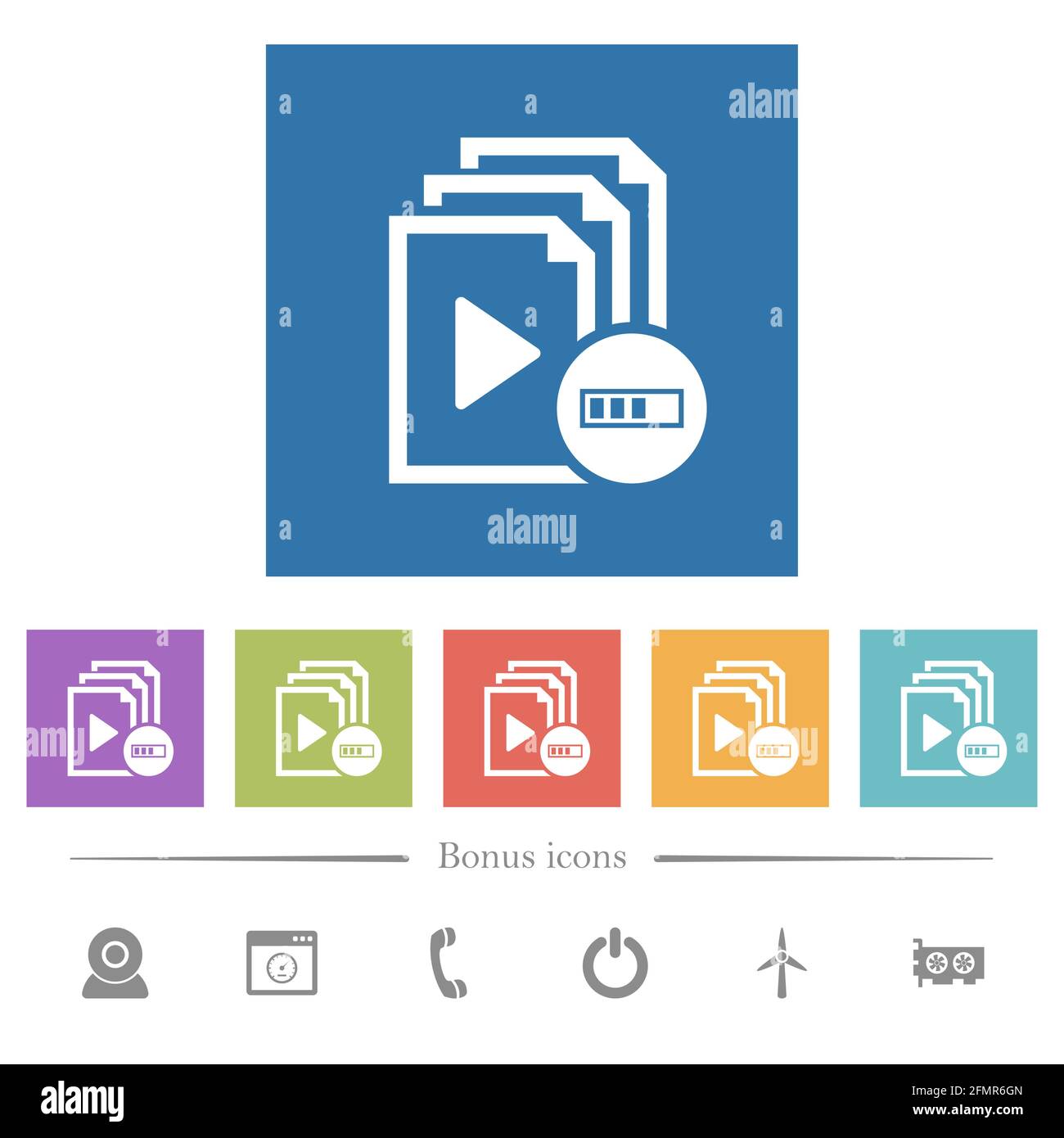 Processing playlist flat white icons in square backgrounds. 6 bonus ...