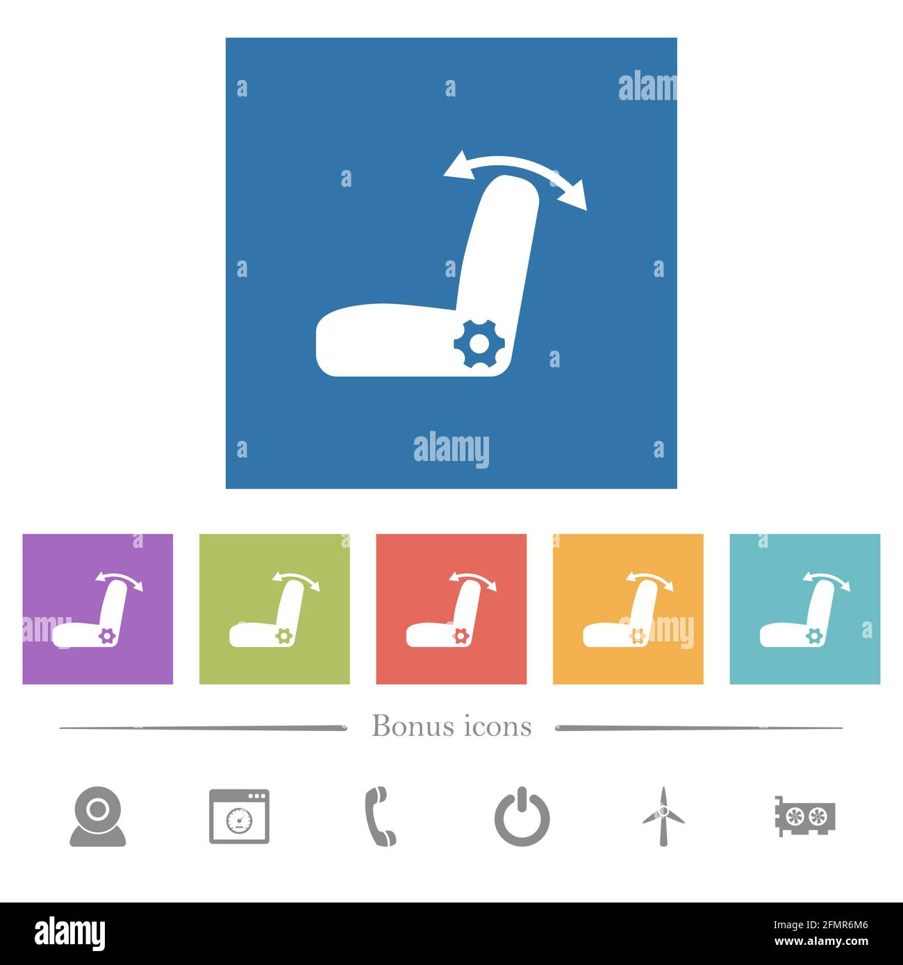 Car seat adjustment flat white icons in square backgrounds. 6 bonus ...