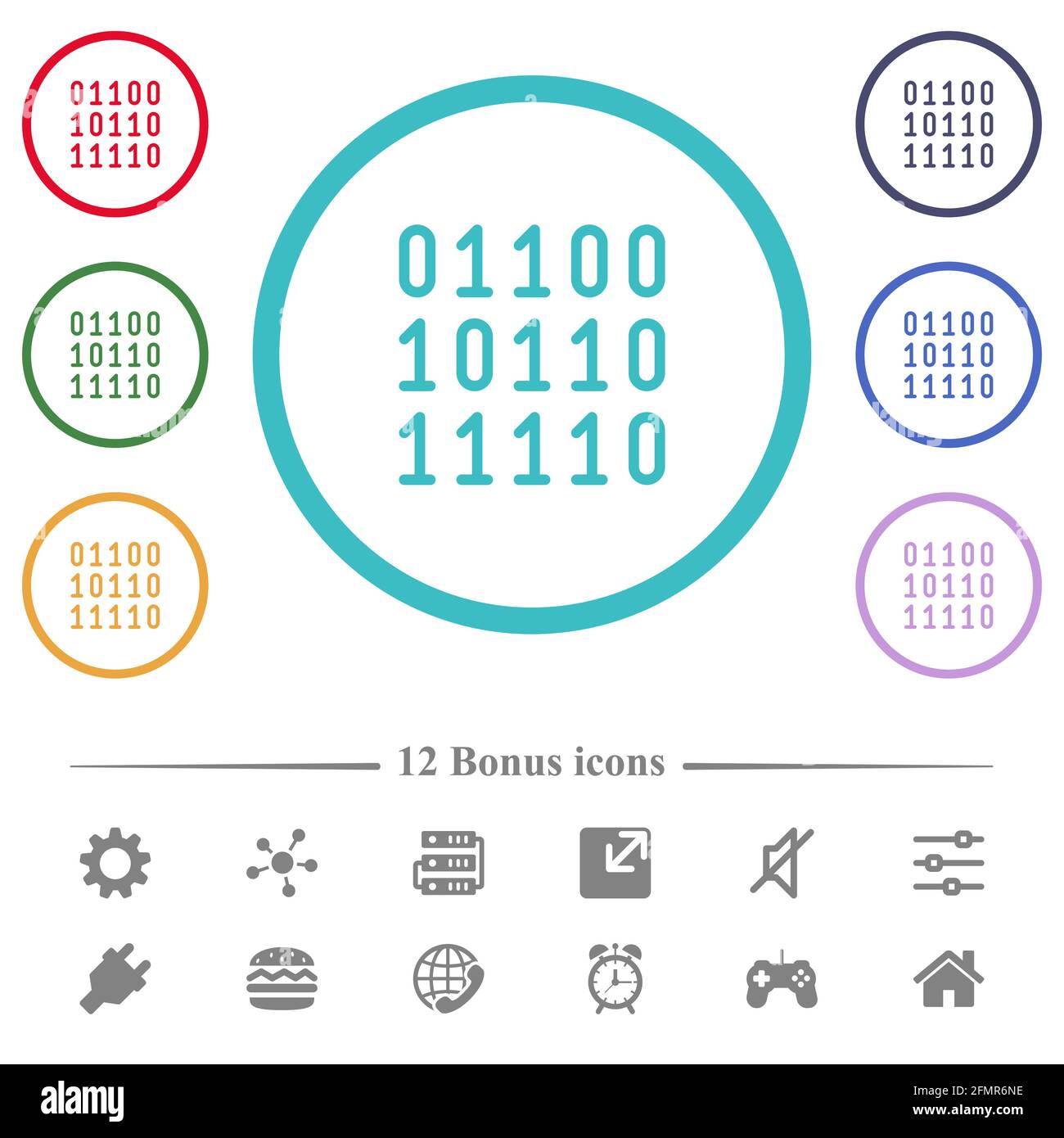 Binary code flat color icons in circle shape outlines. 12 bonus icons ...