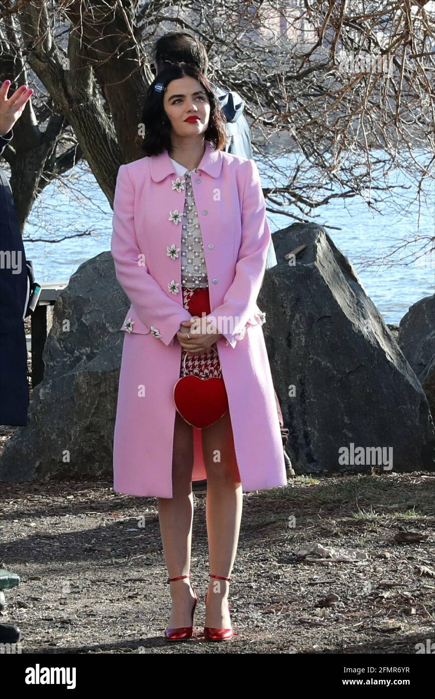 New York NY 20200204 Lucy Hale pictured while filming a scene for
