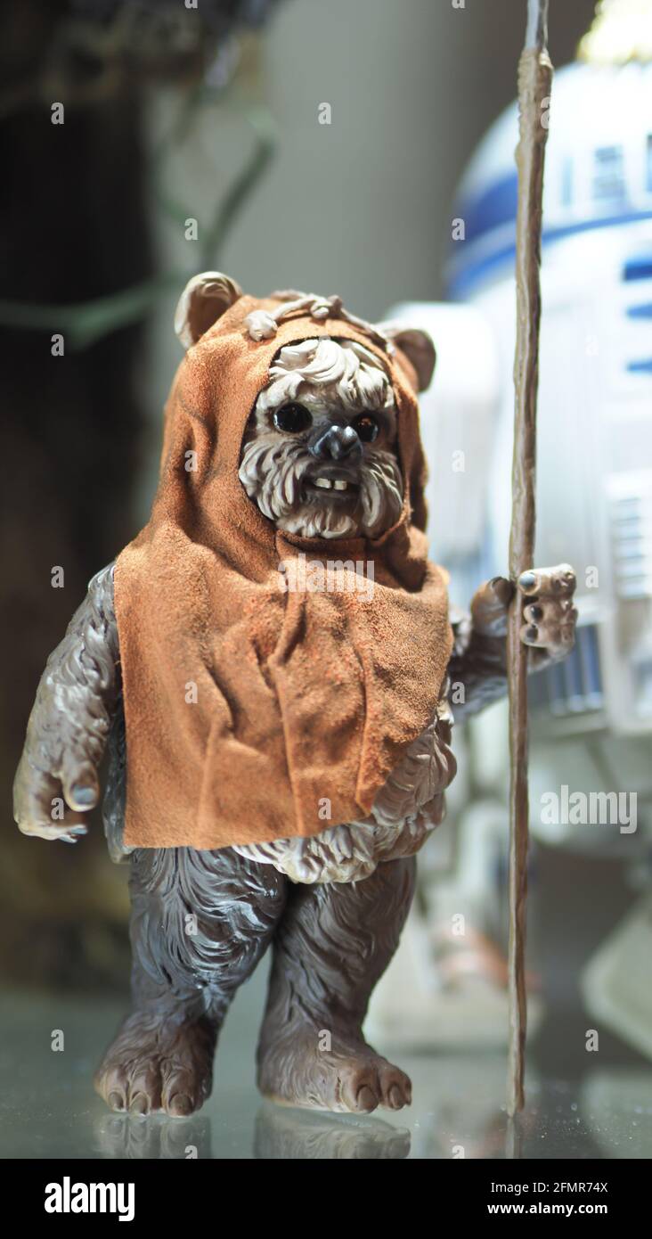 Bangkok Thailand. April 30 2018. Star Wars figure. Wicket Wystri Warrick standing and weapon. Wicket Wystri Warrick toy figures characters model. Star Stock Photo