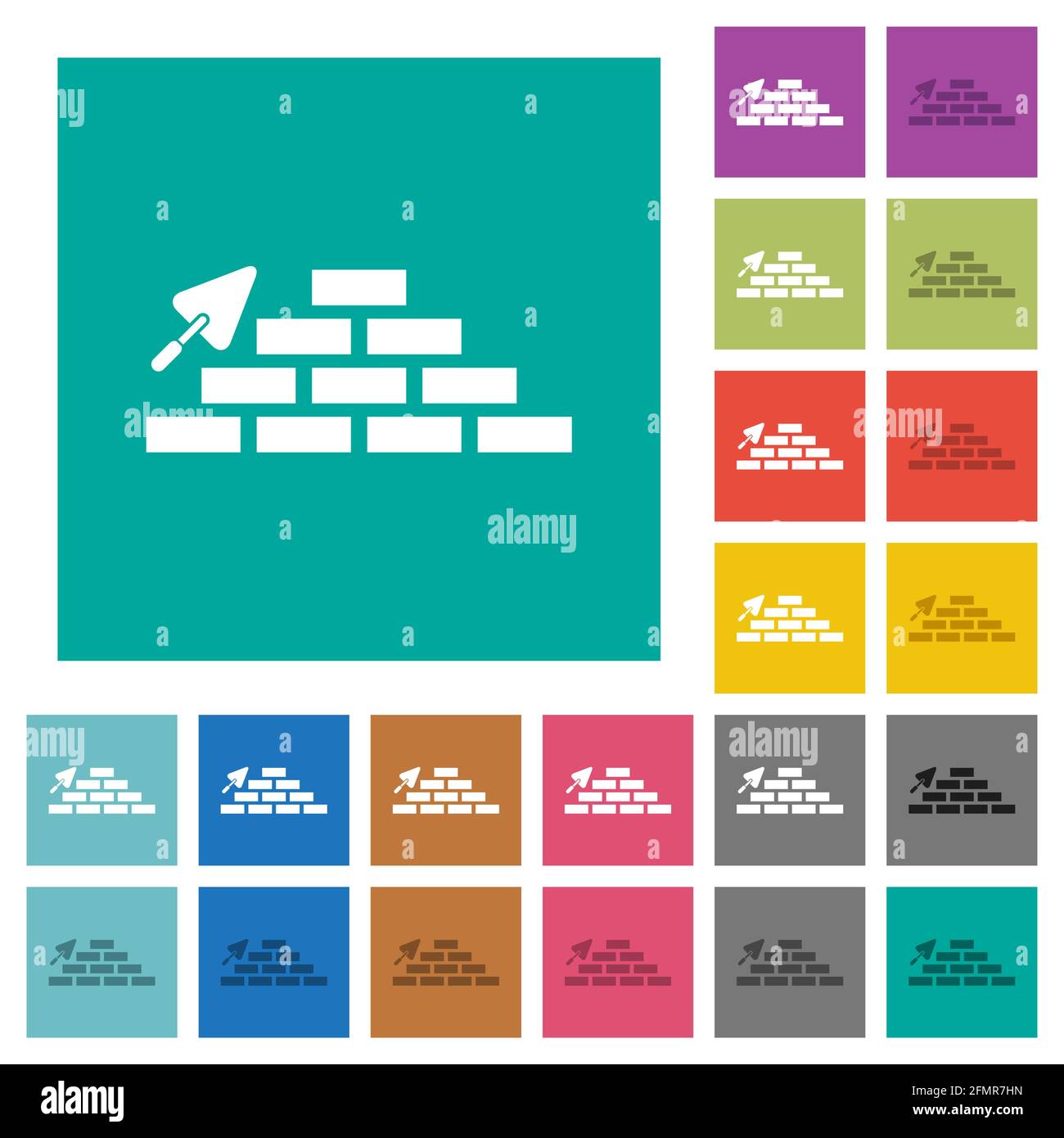 Brick wall and trowel multi colored flat icons on plain square ...