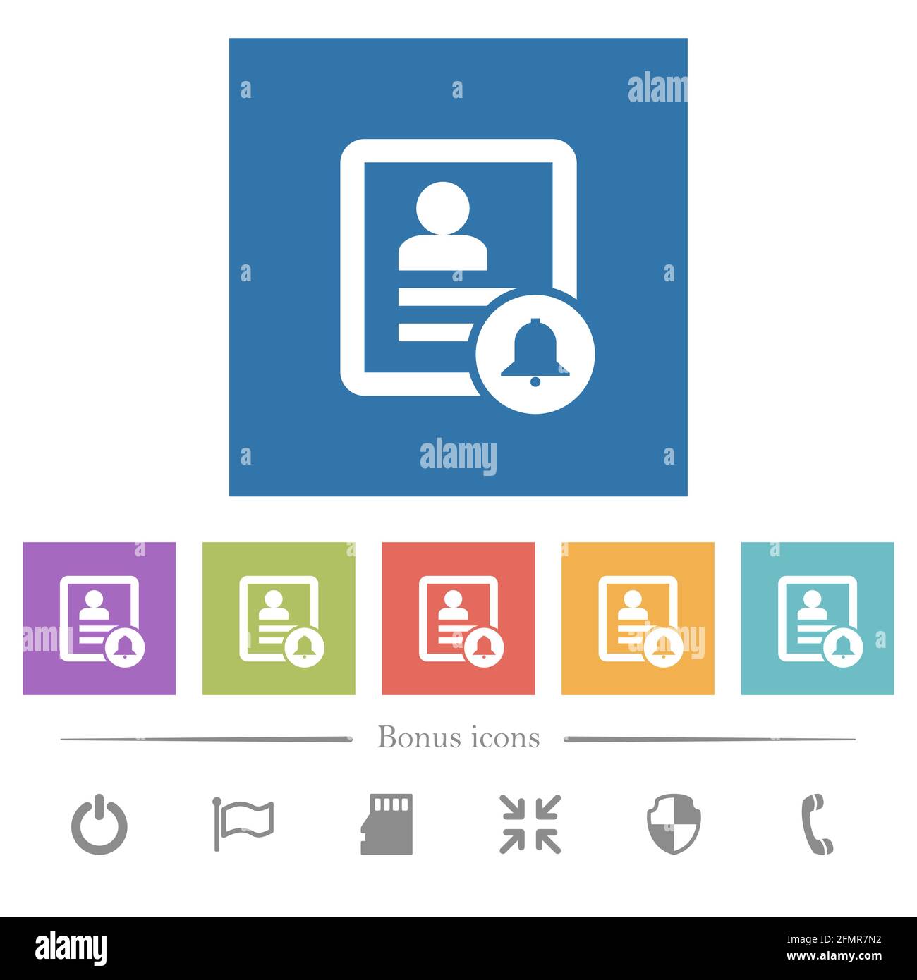 Contact notifications flat white icons in square backgrounds. 6 bonus ...