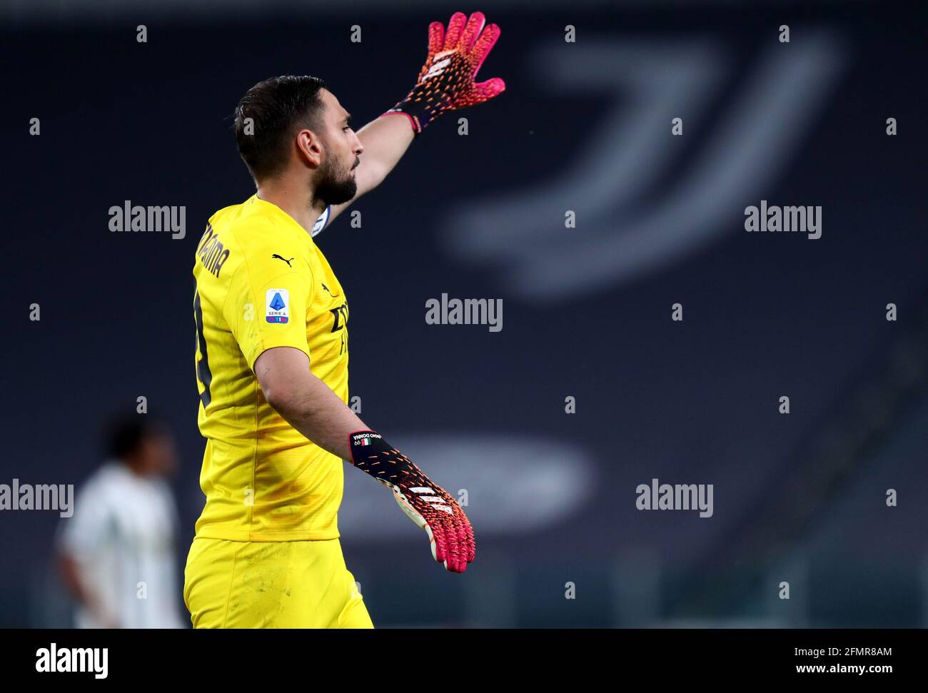 Torino, Italy. 09 May 2021. Italian Serie A. Gianluigi Donnarumma of Ac Milan  gestures during the Serie A match between Juventus Fc and Ac Milan. Stock Photo