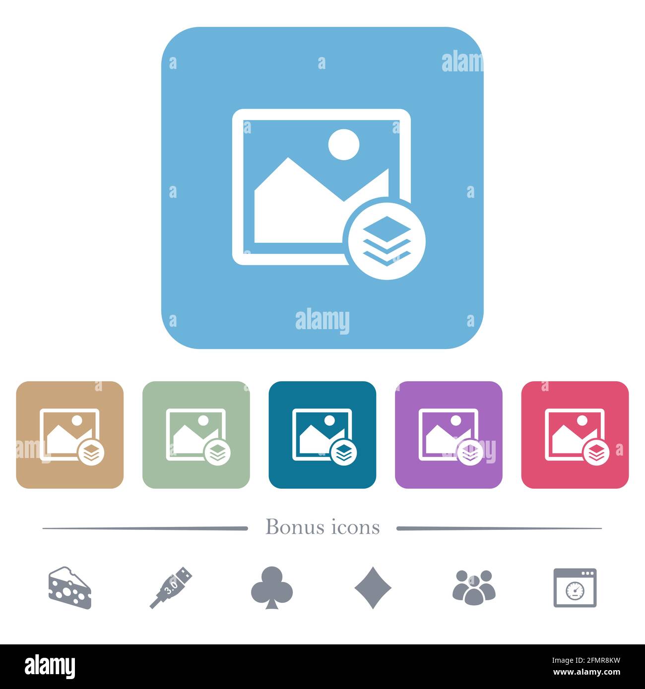 Image layers white flat icons on color rounded square backgrounds. 6 ...