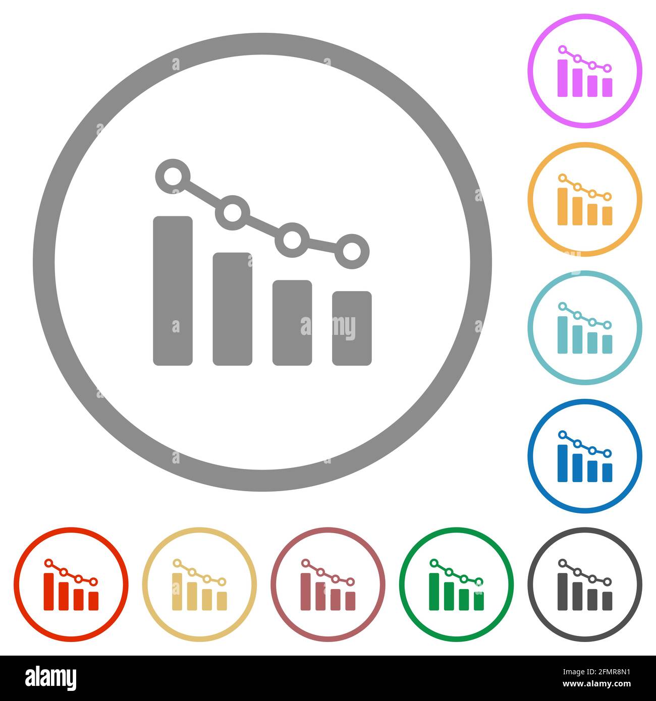 Bar graph with circles and lines flat color icons in round outlines on ...