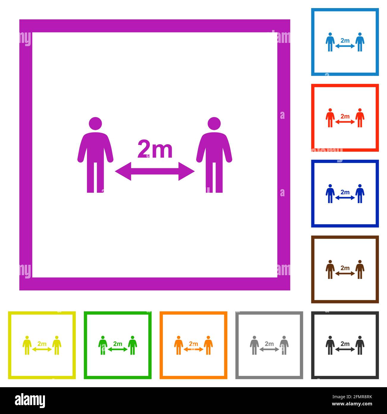 Social distancing 2 meters flat color icons in square frames on white ...