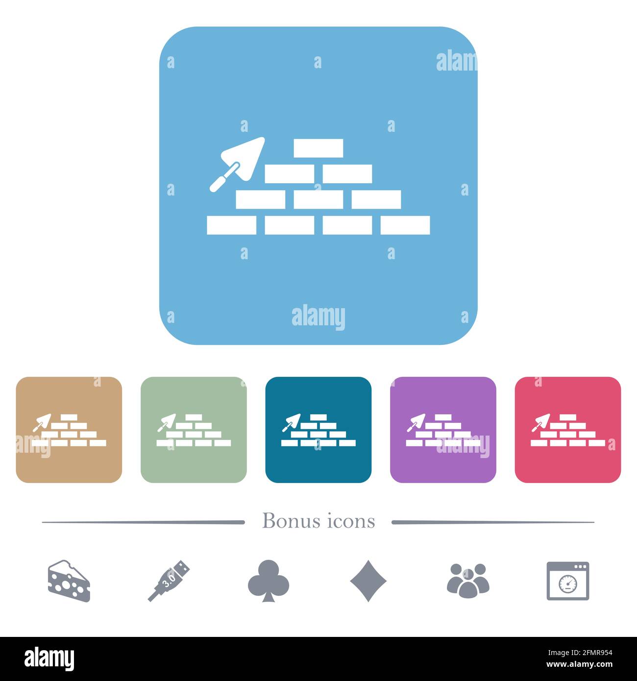 Brick wall and trowel white flat icons on color rounded square ...