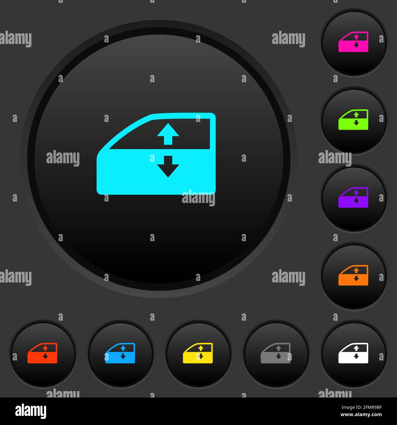 Car electric window winder dark push buttons with vivid color icons on dark grey background Stock Vector