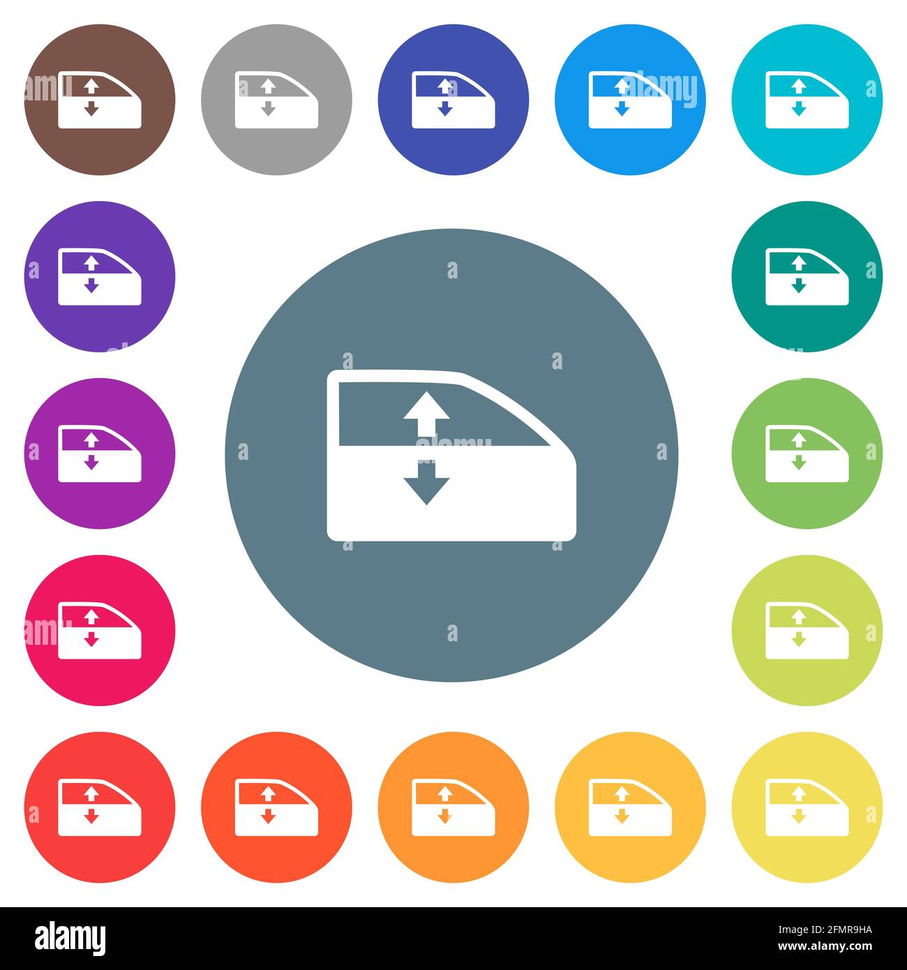 Car electric window winder flat white icons on round color backgrounds. 17 background color variations are included. Stock Vector