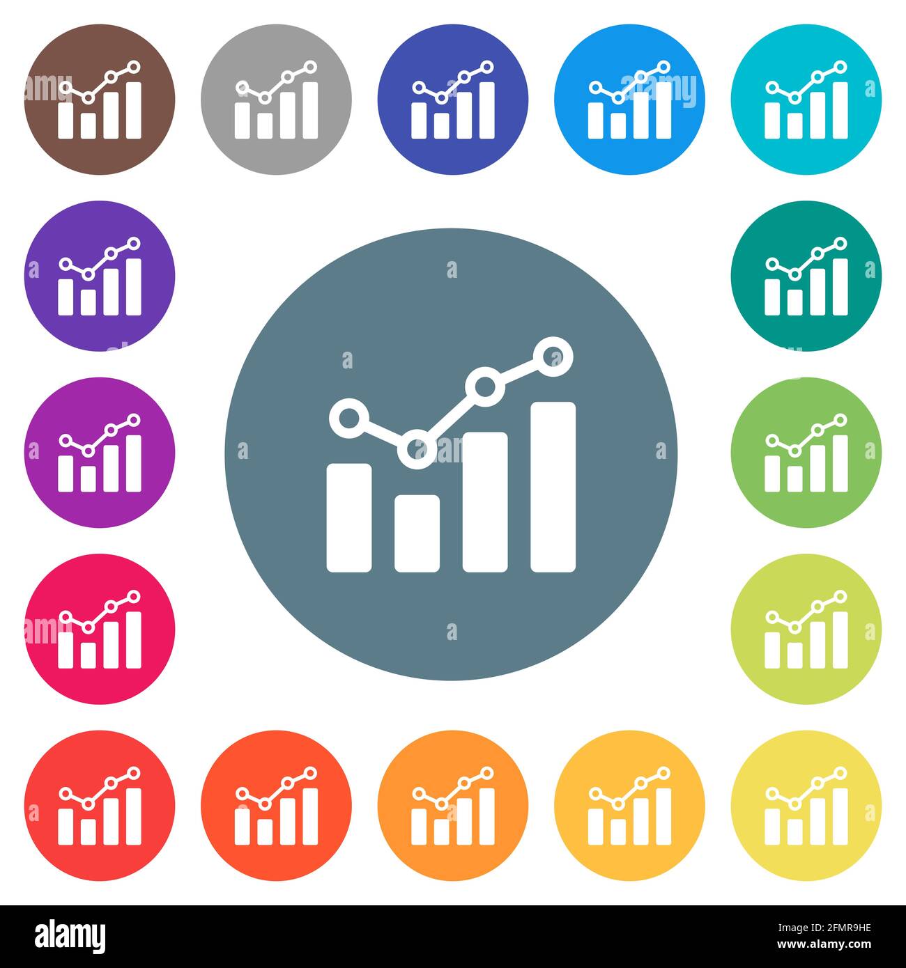 Bar graph with circles and lines flat white icons on round color ...